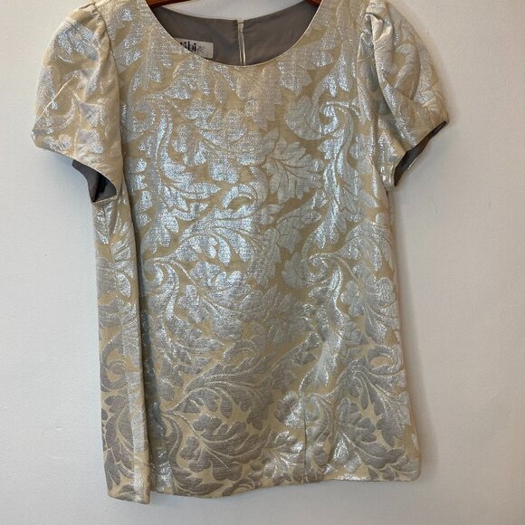 Tibi NY Silver and Gold Metallic Jacquard Leaf Bubble Sleeve Holiday Top - Picture 4 of 13